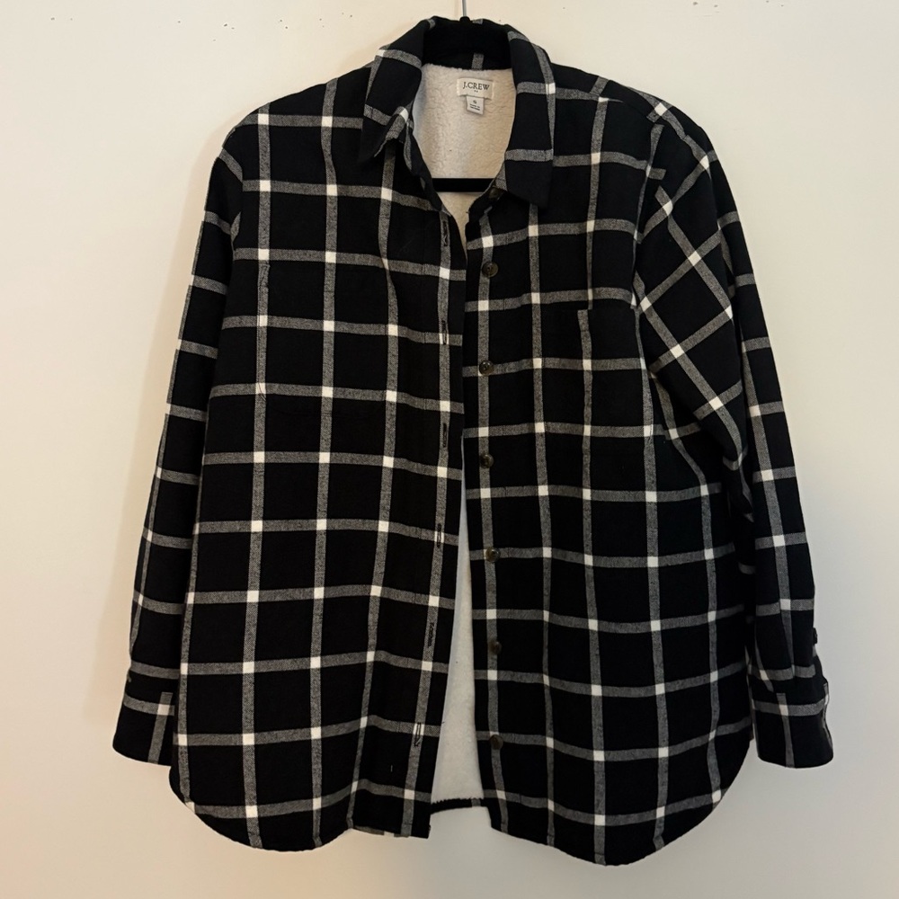 JCrew Factory Sherpa Lined Shirt Jacket Plaid Oversized Shacklet Black White S